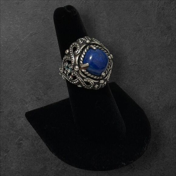 Vintage Carolyn Pollack Blue Lapis Chunky Ornated Size 7 Sterling Ring - Picture 1 of 5